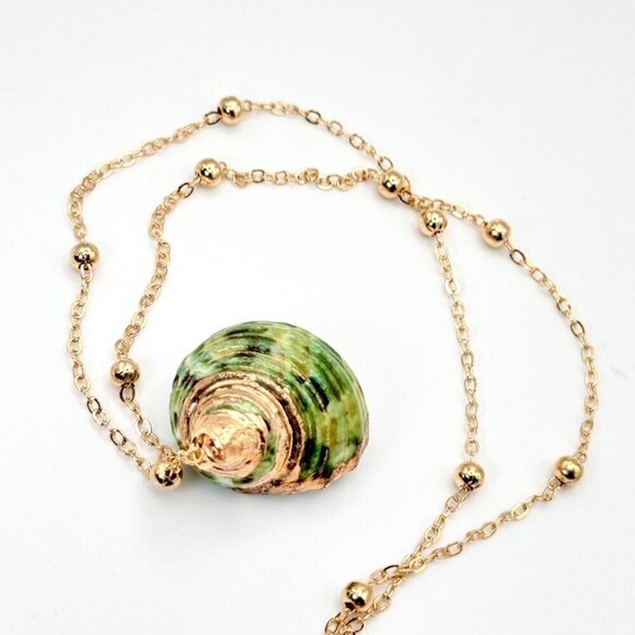New Real Seashell Pendant Necklace 14K Gold Plated Statement Beaded Chain - Picture 2 of 10